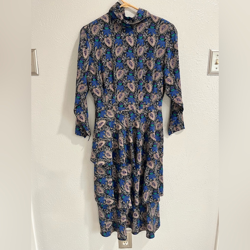 Albert Nipon Silk Floral High-Neck Floral Tiered Ruffles Midi AMAZING Dress Sz 8